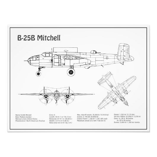 Impression Photo B-25B Mitchell Doolittle - Plan d'avion BD (Devant)