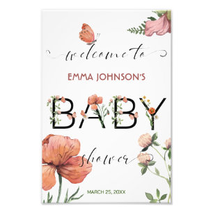 Impression Photo Baby shower de Poppies rose aquarelle Bienvenue