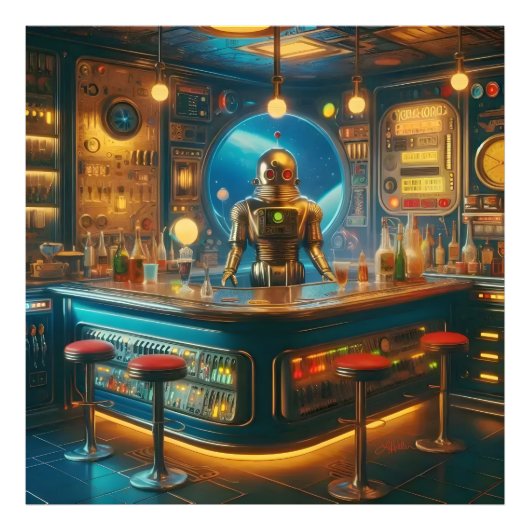 Impression Photo Barman Robot dans un Bar Interstellaire à l'Âge de (Devant)