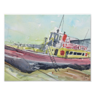 Impression Photo Bateau de pêche rouge et jaune en cale sèche