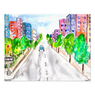 Impression Photo Bâtiments bordés d'arbres Boulevard Ville Aquarell