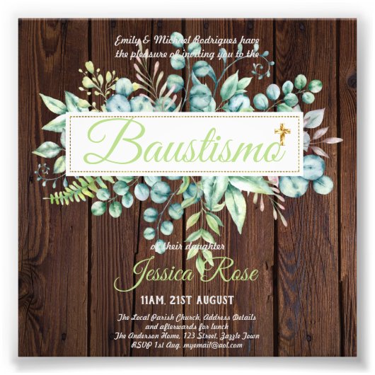 Impression Photo Baustismo Invitation Eucalyptus BUDGET Vert (Devant)