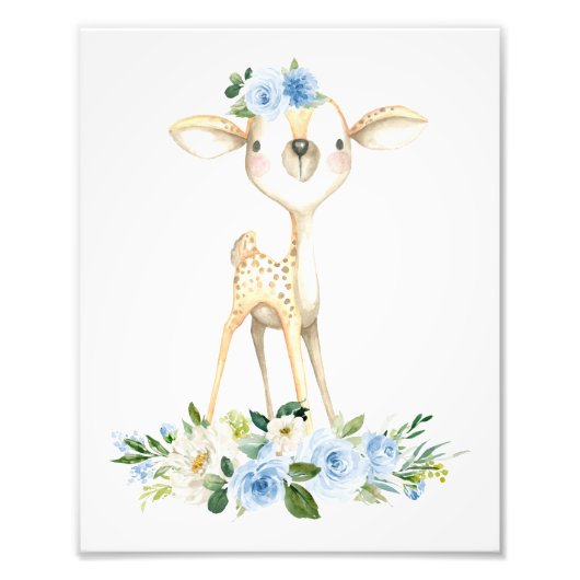 Impression Photo Bébé cerf, Animaux des bois, Boho, Fleurs bleues (Devant)