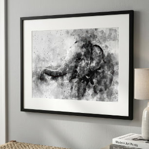 Impression Photo Bébé éléphant mignon en noir et blanc, art à l'aqu