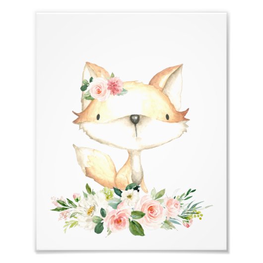 Impression Photo Bébé Fox, Bois Animaux, Boho, Fleurs roses (Devant)