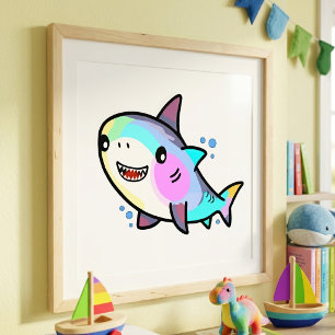 Impression Photo Bébé Requin Kawaii Adorable avec Pastels Arc-en-Ci