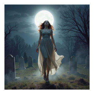 Impression Photo Belle femme marchant dans un cimetière éclairé par