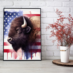 Impression Photo Bison avec drapeau des États-Unis d'Amérique