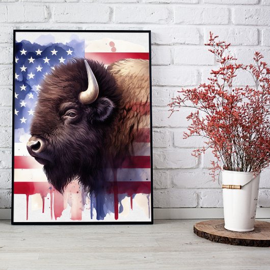 Impression Photo Bison avec drapeau des États-Unis d'Amérique