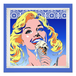 Impression Photo Blonde Mangeant une Glace Style Pop Art Coloré des
