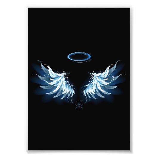 Impression Photo Blue Glowing Angel Wings on black background (Devant)