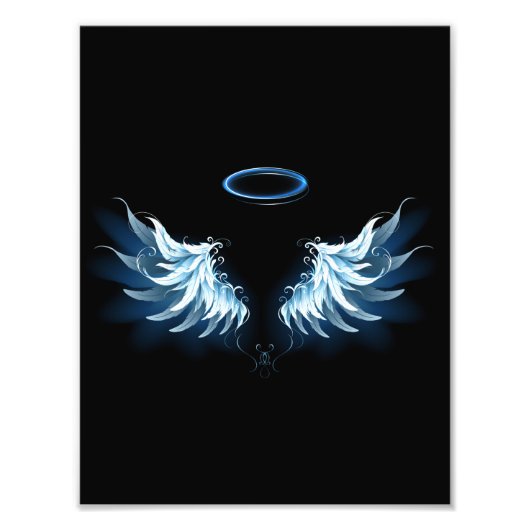 Impression Photo Blue Glowing Angel Wings on black background (Devant)
