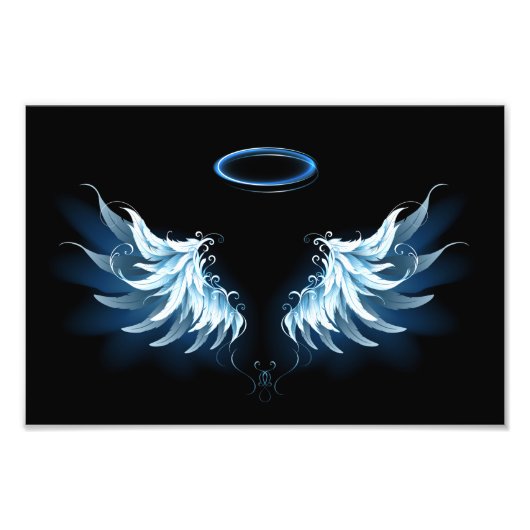 Impression Photo Blue Glowing Angel Wings on black background (Devant)