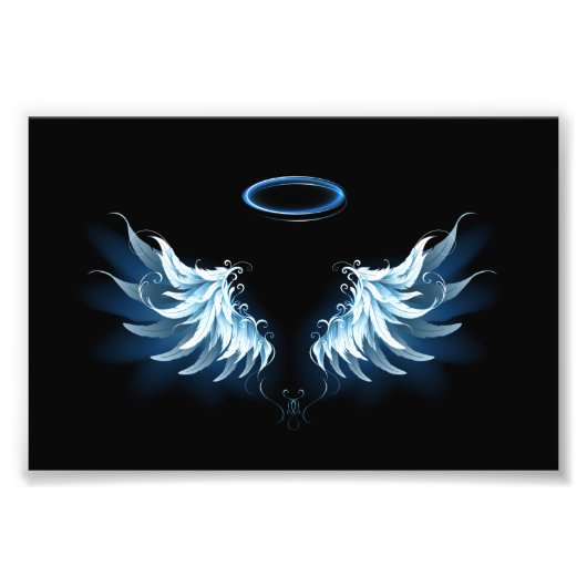 Impression Photo Blue Glowing Angel Wings on black background (Devant)