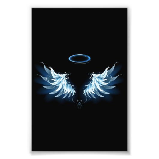 Impression Photo Blue Glowing Angel Wings on black background (Devant)