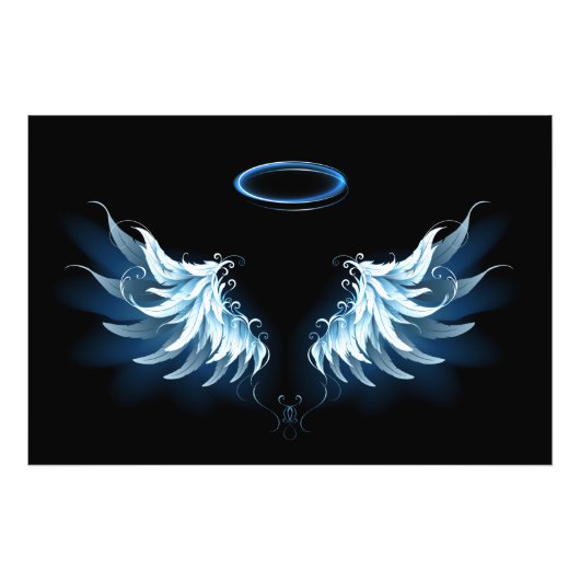 Impression Photo Blue Glowing Angel Wings on black background (Devant)