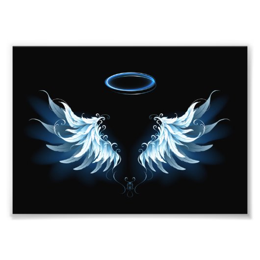 Impression Photo Blue Glowing Angel Wings on black background (Devant)