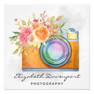 Impression Photo Boho Orange Caméra & Bouquet Floral Aquarelle