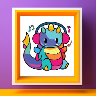 Impression Photo Bon dragon avec écouteurs écoutant de la musique.