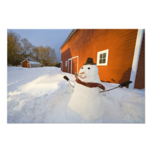 Impression Photo Bonhomme de neige devant la grange rouge en