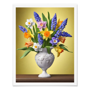Impression Photo Bouquet de jonquilles de printemps Hyacinthes Tabl