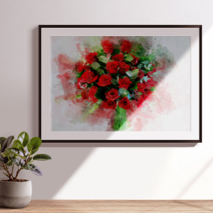 Impression Photo Bouquet de roses rouges aquarelle sur fond blanc