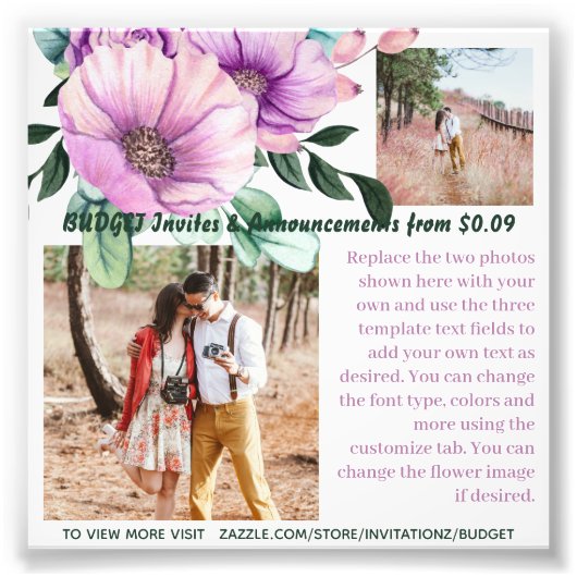 Impression Photo BUDGET Fleurs violettes rustiques Modèle de texte  (Devant)