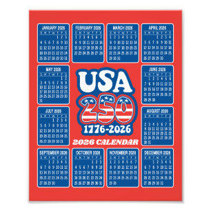 Impression Photo Calendrier 2026 - États-Unis 250 Rouge Blanc Bleu