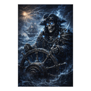 Impression Photo Capitaine Crâne Fantôme à la Barre – Tempête Bleue