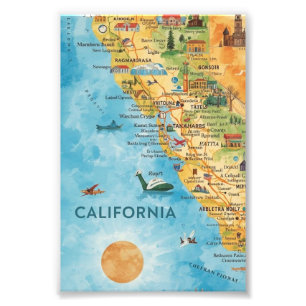 Impression Photo Carte de Californie illustrée à l'aquarelle
