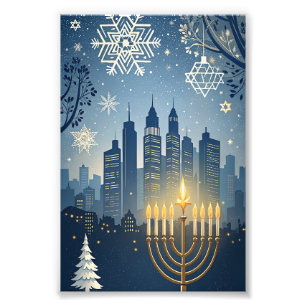 Impression Photo Carte de Hanukkah à silhouette de ville avec menor