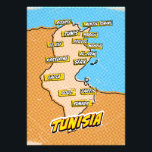 Impression Photo Carte de la Tunisie illustrée par Pop Art<br><div class="desc">Pop Art Illustré Tunisie Carte africaine dans un style vintage et ancien.</div>