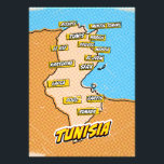 Impression Photo Carte de la Tunisie illustrée par Pop Art<br><div class="desc">Pop Art Illustré Tunisie Carte africaine dans un style vintage et ancien.</div>