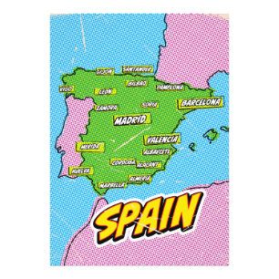 Impression Photo Carte de l'Espagne illustrée par Pop Art