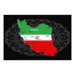 Impression Photo Carte de l'Iran avec drapeau et emblème