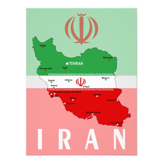Impression Photo Carte de l'Iran avec drapeau et emblème (Devant)