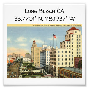 Impression Photo Carte de Long Beach CA Coordonnées Style Vintage