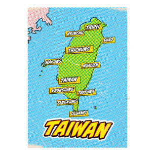 Impression Photo Carte de Taiwan illustrée par l'art Pop
