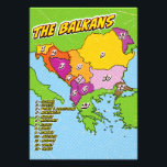 Impression Photo Carte des Balkans illustrée par Pop Art<br><div class="desc">Carte stylisée de la région des Balkans, avec une esthétique pop art aux contours audacieux et un arrière - plan pointillé. La carte est divisée en 13 régions numérotées, chacune représentant un pays différent.</div>