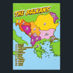 Impression Photo Carte des Balkans illustrée par Pop Art<br><div class="desc">Carte stylisée de la région des Balkans,  avec une esthétique pop art aux contours audacieux et un arrière - plan pointillé. La carte est divisée en 13 régions numérotées,  chacune représentant un pays différent.</div>