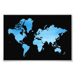 Impression Photo Carte du monde bleue minimale Art aquarelle