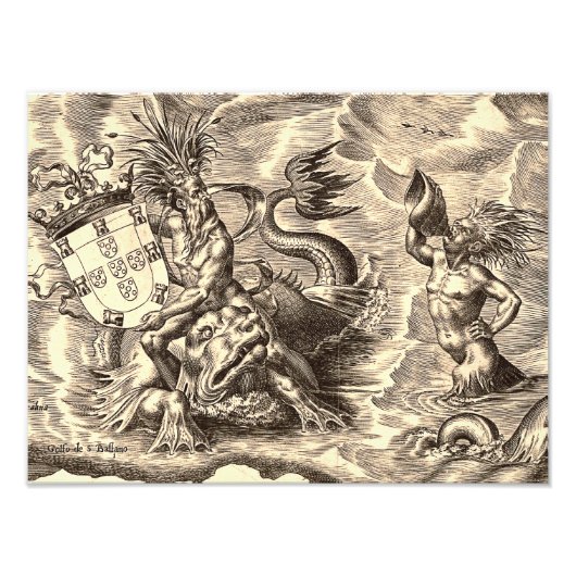 Impression Photo Carte du monde de Poséidon et Dauphin (Devant)