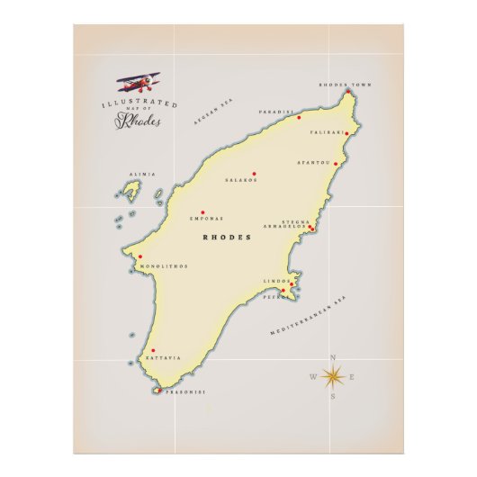 Impression Photo Carte illustrée de Rhodes. (Devant)