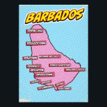Impression Photo Carte Pop Art Illustrated Barbados<br><div class="desc">Une carte de style pop art de La Barbade avec un arrière - plan bleu vif et un motif pointillé.</div>