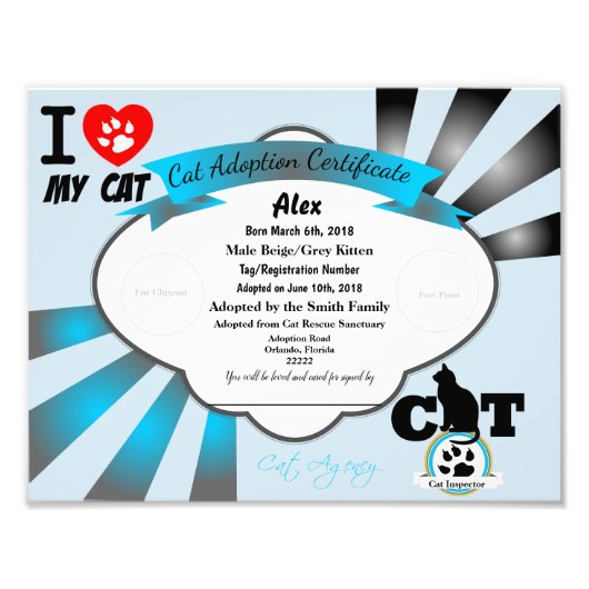 Impression Photo Certificat d'adoption de chats personnalisable ble (Devant)