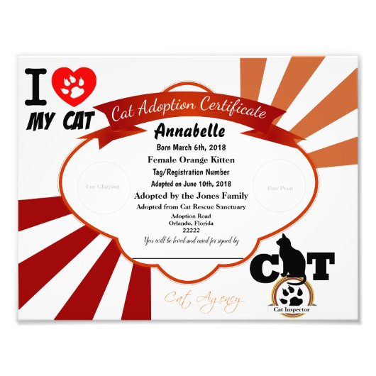 Impression Photo Certificat d'adoption de chats personnalisable Ora (Devant)