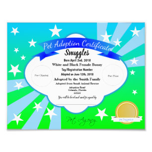 Impression Photo Certificat d'adoption personnalisé bleu pour anima
