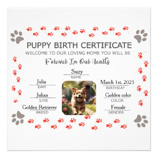 Impression Photo Certificat de naissance personnalisé de chiot