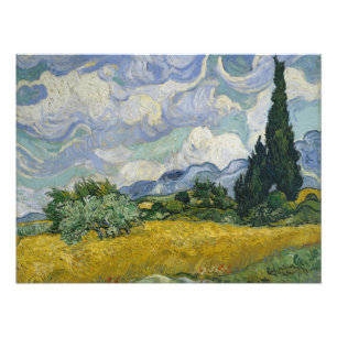 Impression Photo Champ de blé avec cyprès, peinture à l'huile, Van
