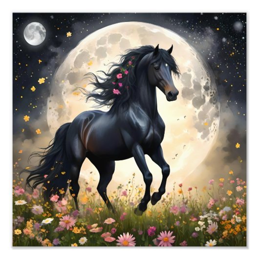 Impression Photo Champ de fleur de lune de cheval noir, (Devant)